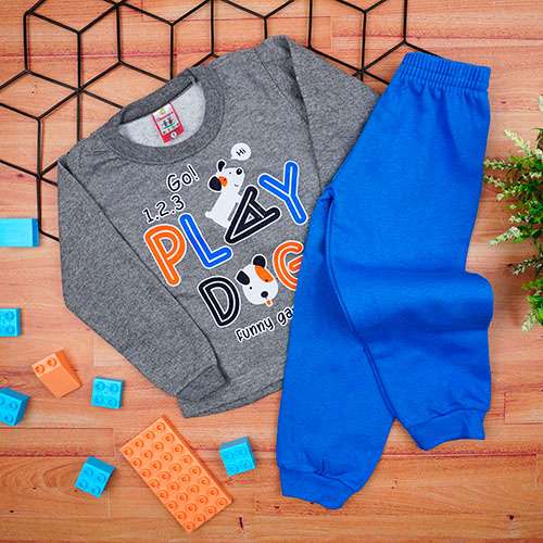 Conjunto Bebê Masculino Moletom Blusa Cinza Cachorrinho e Calça Azul (1/2/3) - Cleomara - Tamanho 2 - Cinza,Azul Royal