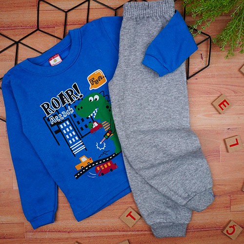 Conjunto Bebê Masculino Moletom Blusa Azul Royal Dino e Calça Mescla (1/2/3) - Cleomara - Tamanho 3 - Azul Royal,Mescla