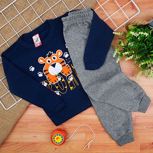 Conjunto Bebê Masculino Moletom Blusa Marinho Tigrinho e Calça Mescla (1/2/3) - Cleomara - Tamanho 3 - Azul Marinho,Mescla