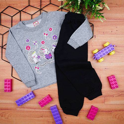 Conjunto Bebê Feminino Moletom Blusa Mescla Porco-Espinho e Calça Preta (1/2/3) - Cleomara - Tamanho 1 - Mescla,Preto