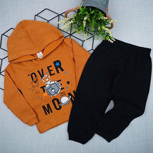 Conjunto Bebê Masculino Moletom Blusa com Capuz Caramelo Astronauta e Calça Preta (1/2/3) - Cleomara - Tamanho 2 - Caramelo,Preto