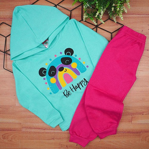 Conjunto Bebê Feminino Moletom Blusa Verde Água Ursinha e Calça Pink (1/2/3) - Cleomara - Tamanho 1 - Verde Água,Pink