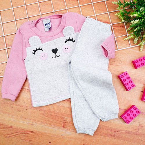 Conjunto Bebê Feminino Moletom Blusa Rosa Ursa Coração e Calça Mescla (P/M/G) - Jidi Kids - Tamanho M - Mescla,Rosa