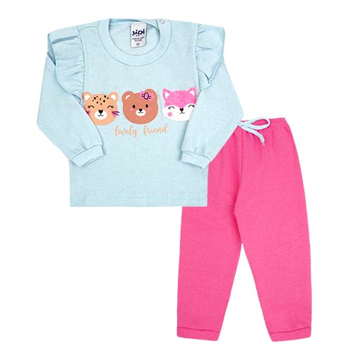 Conjunto Bebê Feminino Moletom Blusa Azul Amigas da Floresta e Calça Rosa (P/M/G) - Jidi Kids - Tamanho G - Azul,Rosa