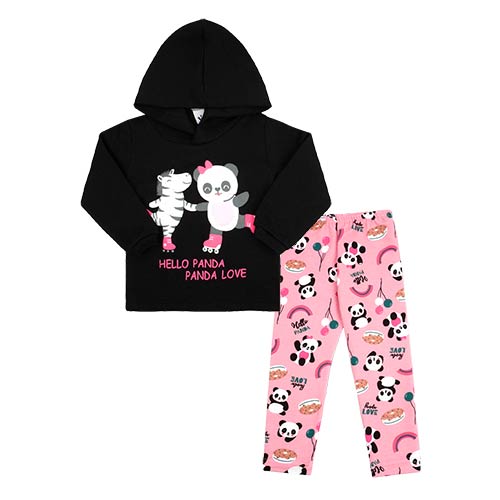 Conjunto Bebê Feminino Moletom Blusa com Capuz Preta Pandinha e Calça Rosa (P/M/G) - Jidi Kids - Tamanho M - Preto,Rosa