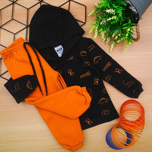 Conjunto Bebê Masculino Moletom Blusa com Capuz Preta Dinos e Calça Mostarda (P/M/G) - Jidi Kids - Tamanho P - Preto,Mostarda