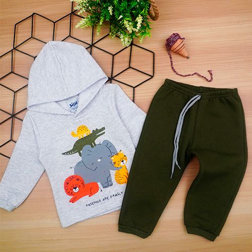 Conjunto Bebê Masculino Moletom Blusa com Capuz Mescla Animais e Calça Verde (P/M/G) - Jidi Kids - Tamanho P - Mescla,Verde Musgo