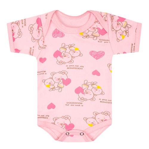 Body Bebê Feminino Manga Curta Canelado Rosa Ursa Coração (RN/P/M/G) - Top Chot - Tamanho RN - Rosa