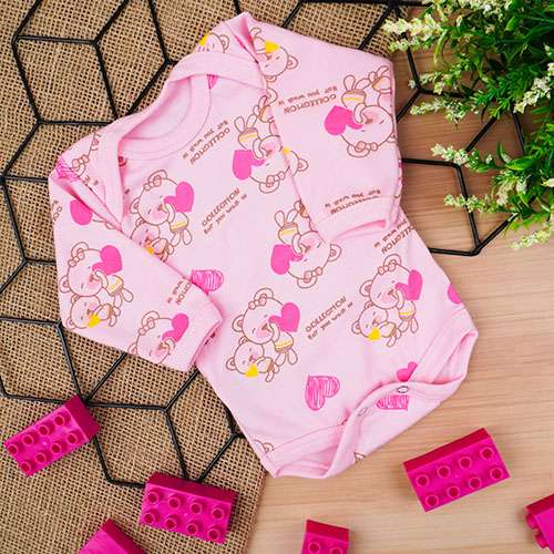 Body Bebê Feminino Manga Longa Canelado Rosa Ursa Coração (RN/P/M/G) - Top Chot - Tamanho G - Rosa