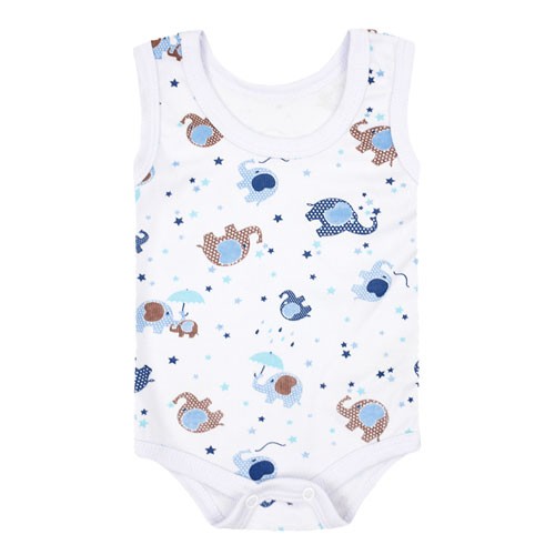 Body Bebê Regata Canelado Branco Elefante Azul (P/M/G) - Top Chot - Tamanho G - Branco