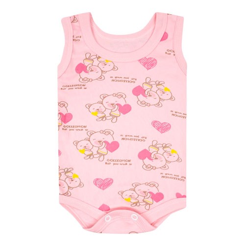 Body Bebê Feminino Regata Canelado Rosa Ursa Coração (P/M/G) - Top Chot - Tamanho M - Rosa