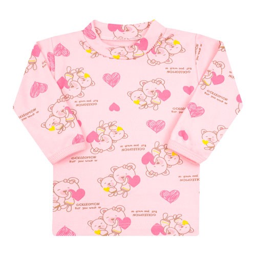 Camiseta Bebê Feminina Canelada Manga Longa Rosa Ursa Coração (1/2/3) - Top Chot - Tamanho 2 - Rosa