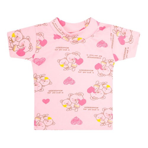 Camiseta Bebê Feminina Canelada Manga Curta Rosa Ursa Coração (P/M/G) - Top Chot - Tamanho P - Rosa