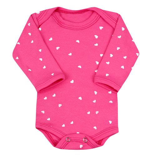 Body Bebê Canelado Manga Longa Rosa Escuro Corações (RN/P/M/G) - Top Chot - Tamanho G - Rosa