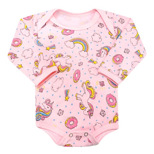 Body Bebê Feminino Manga Longa Meia Malha Rosa Doce Unicórnio (RN/P/M/G) - Top Chot - Tamanho RN - Rosa