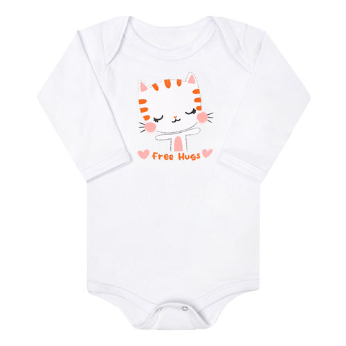 Body Bebê Feminino Manga Longa Canelado Branco Gatinha Abraços (RN/P/M/G) - Top Chot - Tamanho G - Branco