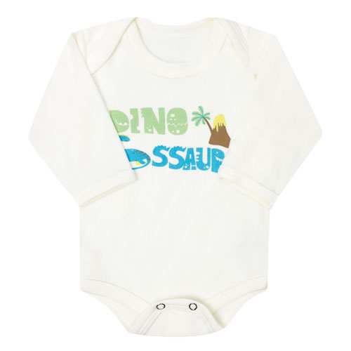 Body Bebê Masculino Manga Longa Canelado Creme Dinossauro (RN/P/M/G) - Top Chot - Tamanho M - Creme