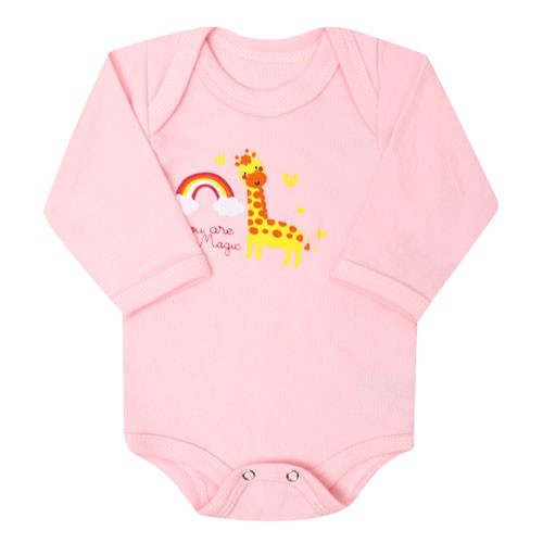 Body Bebê Feminino Manga Longa Canelado Rosa Girafinha Mágica (RN/P) - Top Chot - Tamanho P - Rosa