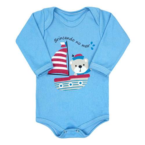 Body Bebê Masculino Manga Longa Canelado Azul Brincando no Mar (RN/P/M/G) - Top Chot - Tamanho RN - Azul