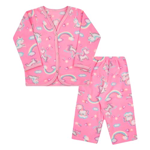 Pijama Bebê Feminino Soft Casaco e Calça Rosa Neon Unicórnio (1/2/3) - Top Chot - Tamanho 3 - Rosa