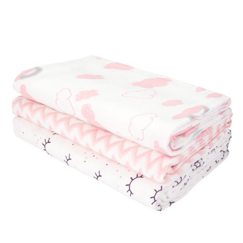 Kit Cueiro Bebê Flanelado Branco Feminino Cílios, Listras Zig-Zag e Nuvens (3 unidades) - PAPI - Tamanho único - Branco,Rosa