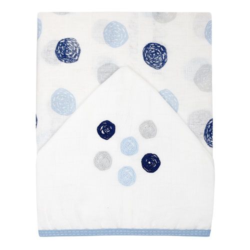 Toalha de Fralda Bebê Masculino com Capuz Branco e Azul Bola Fofa Bordado - Papi - Tamanho único - Azul,Branco