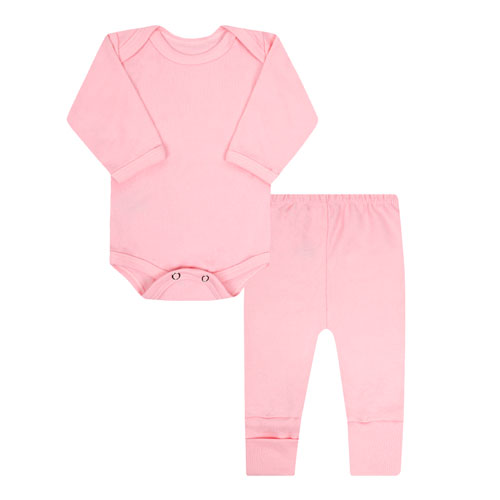 Conjunto Pagão Bebê Feminino Body Longo e Mijão Vira-Pé Canelado Rosa (RN/P/M/G) - Top Chot - Tamanho RN - Rosa