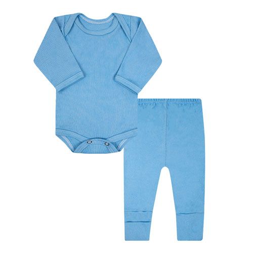 Conjunto Pagão Bebê Masculino Body Longo e Mijão Vira-Pé Canelado Azul (RN/P/M/G) - Top Chot - Tamanho P - Azul