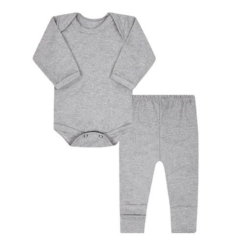 Conjunto Pagão Bebê Body Longo e Mijão Vira-Pé Canelado Mescla (RN/P/M/G) - Top Chot - Tamanho P - Mescla