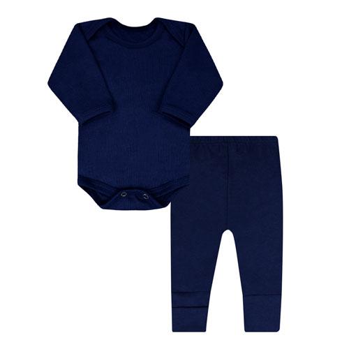 Conjunto Pagão Bebê Body Longo e Mijão Vira-Pé Canelado Azul Marinho (RN/P/M/G) - Top Chot - Tamanho RN - Azul Marinho