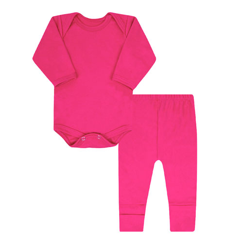 Conjunto Pagão Bebê Feminino Body Longo e Mijão Vira-Pé Canelado Pink (RN/P/M/G) - Top Chot - Tamanho P - Pink