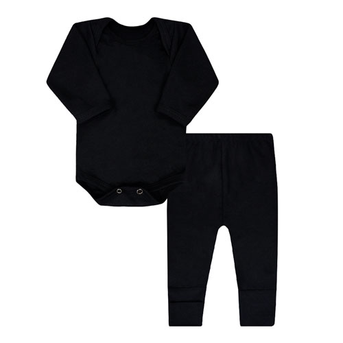 Conjunto Pagão Bebê Body Longo e Mijão Vira-Pé Canelado Preto (RN/P/M/G) - Top Chot - Tamanho G - Preto