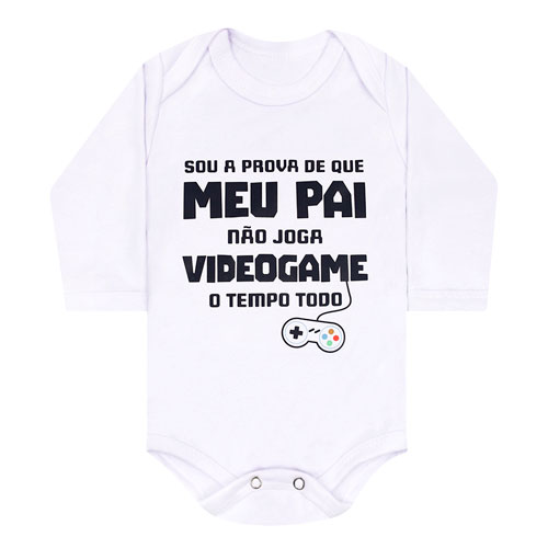 Body Bebê Manga Longa Suedine Branco Video Game Papai (RN/P/M/G) - Bebê Fofuxo - Tamanho M - Branco