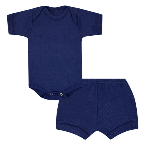 Conjunto Bebê Masculino Body Curto e Tapa Fralda Canelado Azul Marinho (P/M/G) - Top Chot - Tamanho G - Azul Marinho