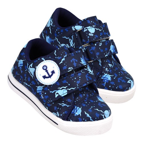 Tênis Infantil Masculino Azul Marinho com Velcro Fundo do Mar (20 ao 27) - Linda Jú - Tamanho 23 - Azul Marinho