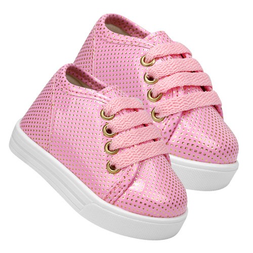 Tênis Bebê Feminino com Cadarço Pingos Dourados Rosa (16 ao 22) - Bebê Fofuxo - Tamanho 16 - Rosa